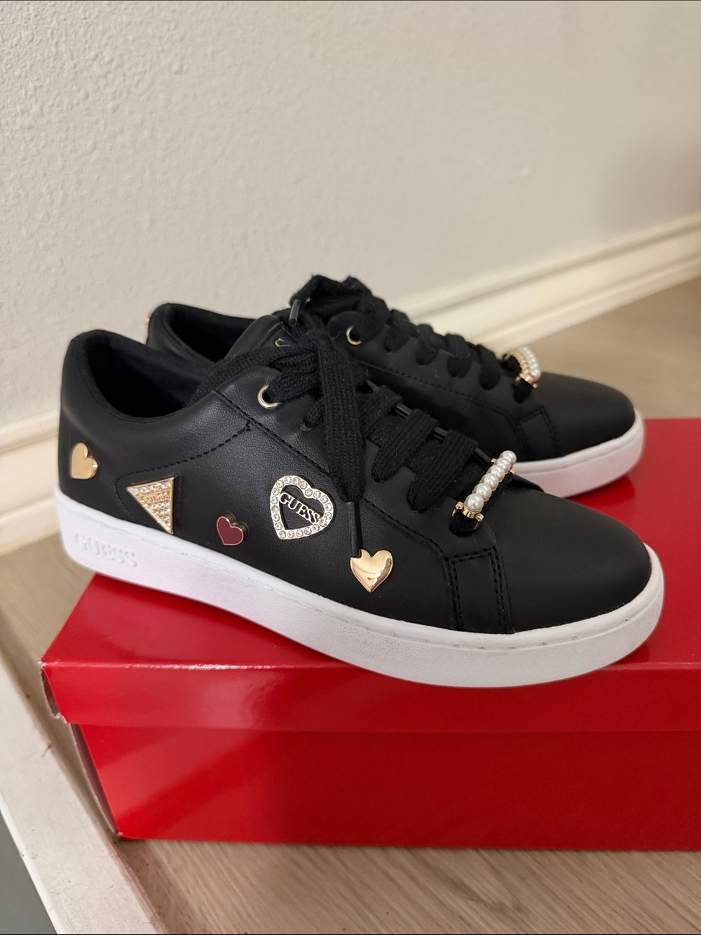 Guess Black Sneakers with Gold & Crystal Heart Accents Sz 6.5M